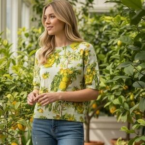 Talbots Lemon Print Short Sleeve Tee - Light Green and Yellow